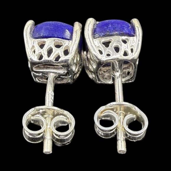 Natural Blue Lapis Cabochon Stud Earrings 925 Sterling Silver Handmade - Picture 5 of 5